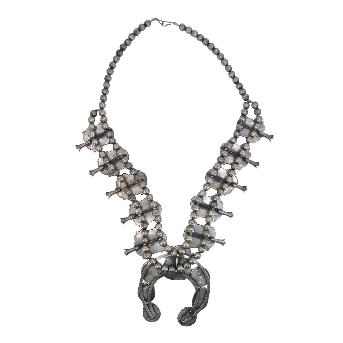 Navajo Native Indian Sterling Silver Turquoise Squash Blossom Necklace - 5