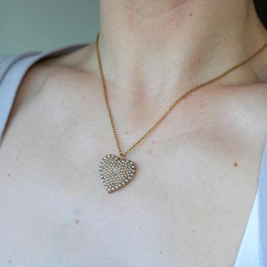 Vintage 14k Gold Diamond Pearl Heart Pendant Necklace - 2