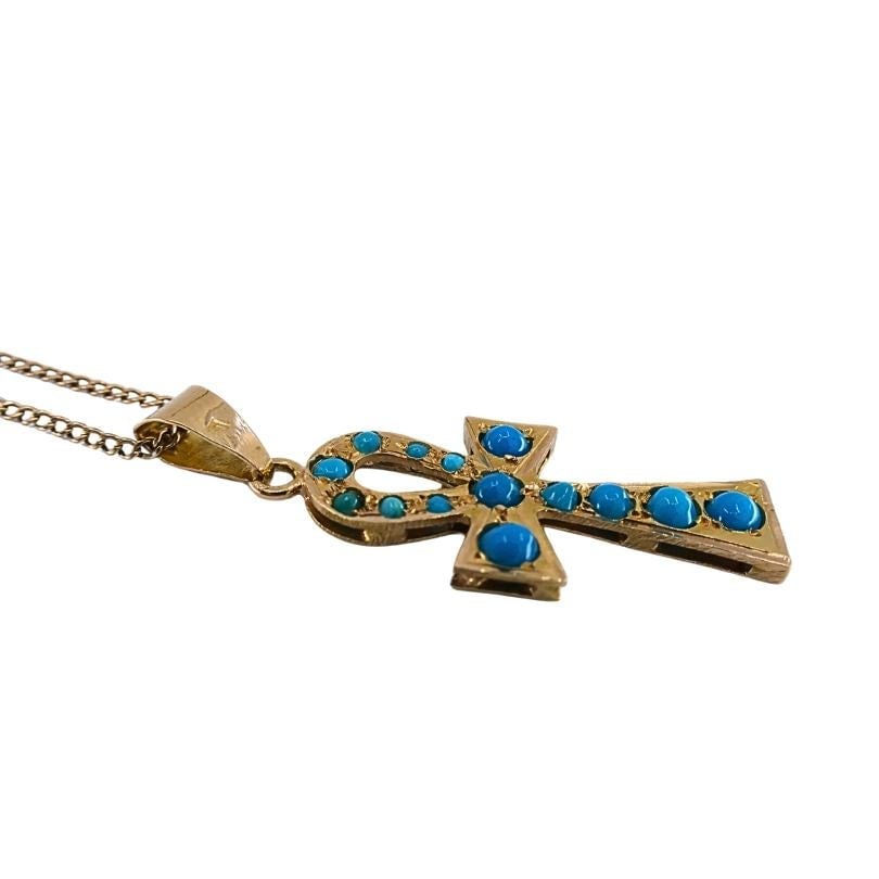 Vintage 21k Gold Turquoise Ankh Pendant 14k Gold Chain Necklace - 5