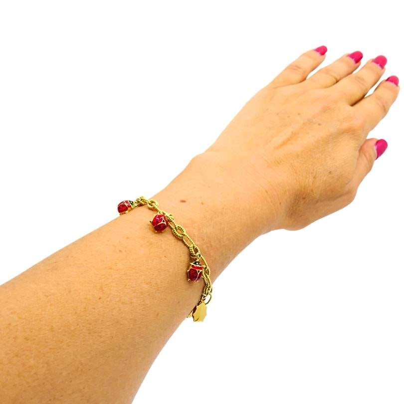 18k Gold Chain 14k Gold Enamel Ladybug Charms Bracelet - 2