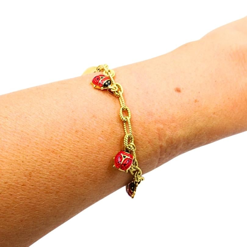 18k Gold Chain 14k Gold Enamel Ladybug Charms Bracelet - 3