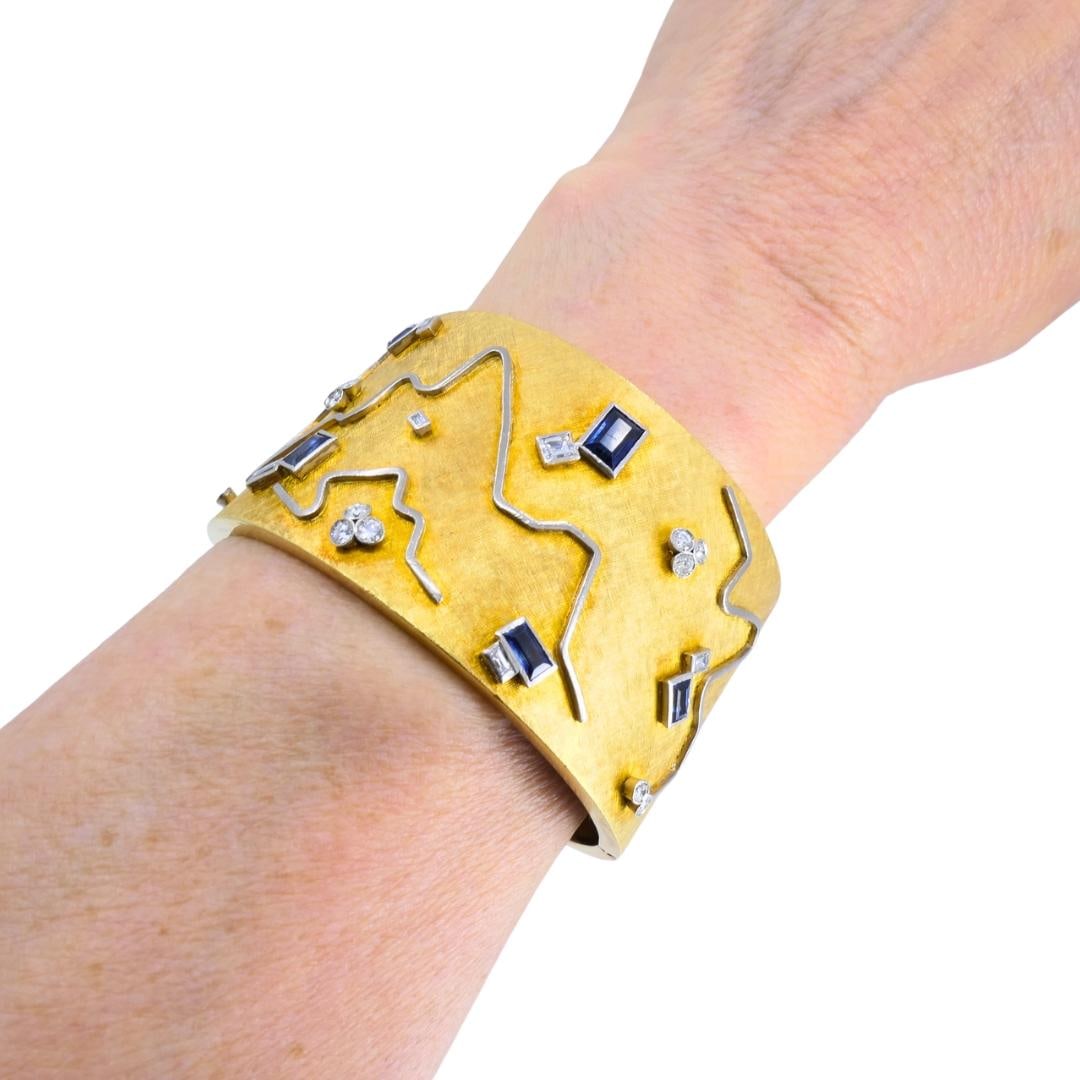 18k Gold Diamond Cuff Bracelet Sapphire Wide Gold Bangle - 4
