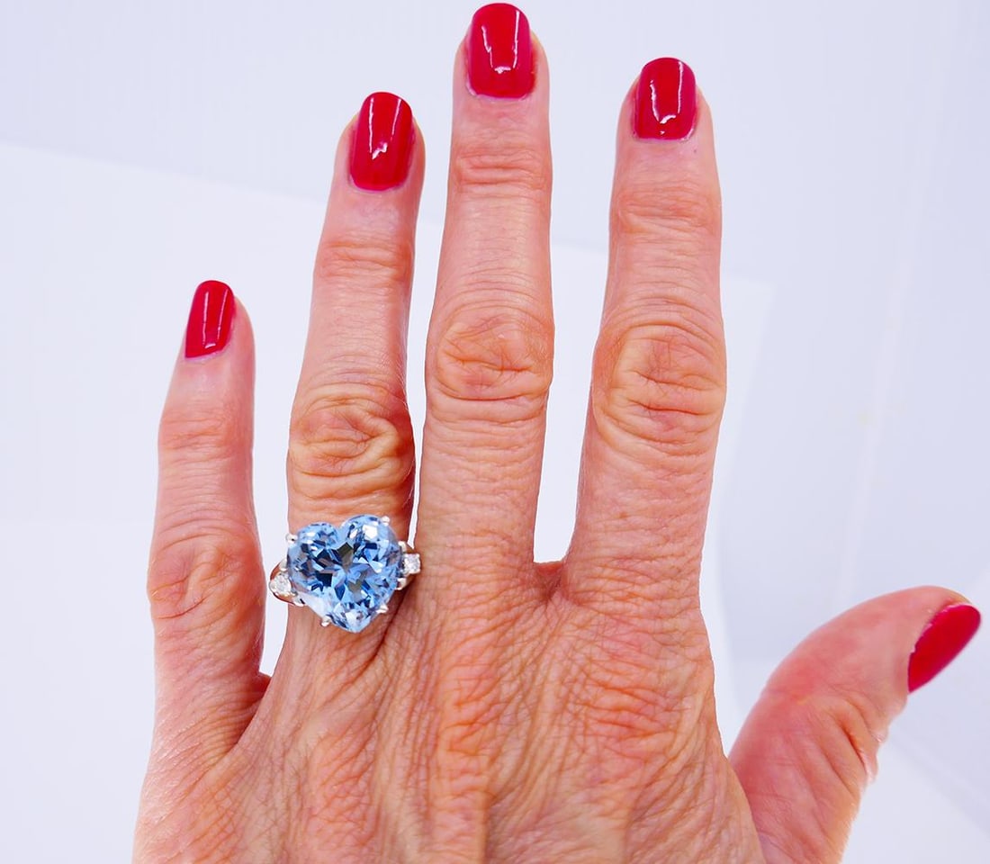 Vintage Ring 14k White Gold Aquamarine Diamond Cocktail Ring - 3