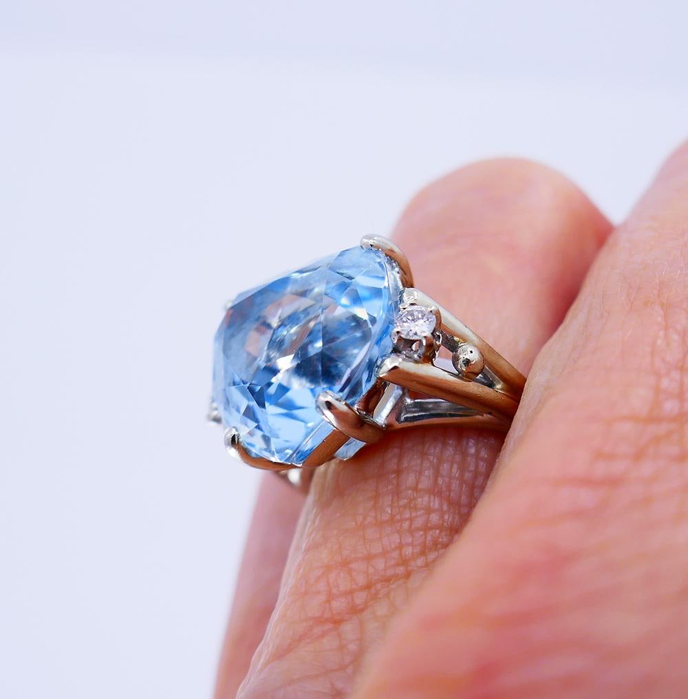 Vintage Ring 14k White Gold Aquamarine Diamond Cocktail Ring - 4