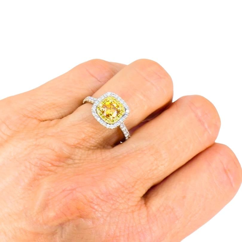 14k White Gold Ring Fancy Yellow Orange Diamond GIA Double Halo Estate Jewelry - 3