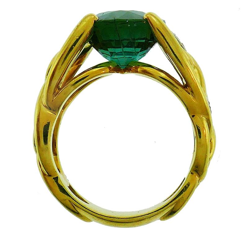Vintage Green Tourmaline Diamond 18k Yellow Gold Ring French Signed BJ - 5