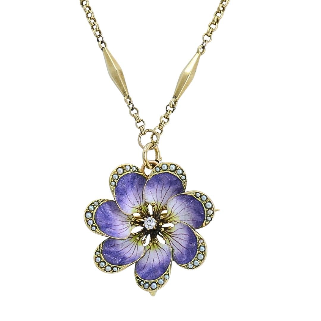 14k Gold Violet Flower Diamond Seed Pearl Pendant Brooch Necklace - 3