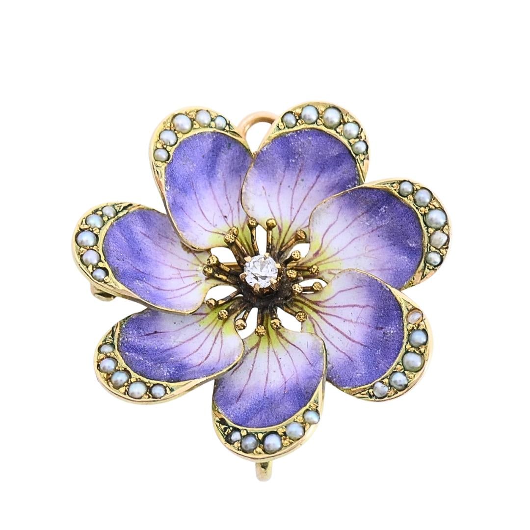 14k Gold Violet Flower Diamond Seed Pearl Pendant Brooch Necklace - 4