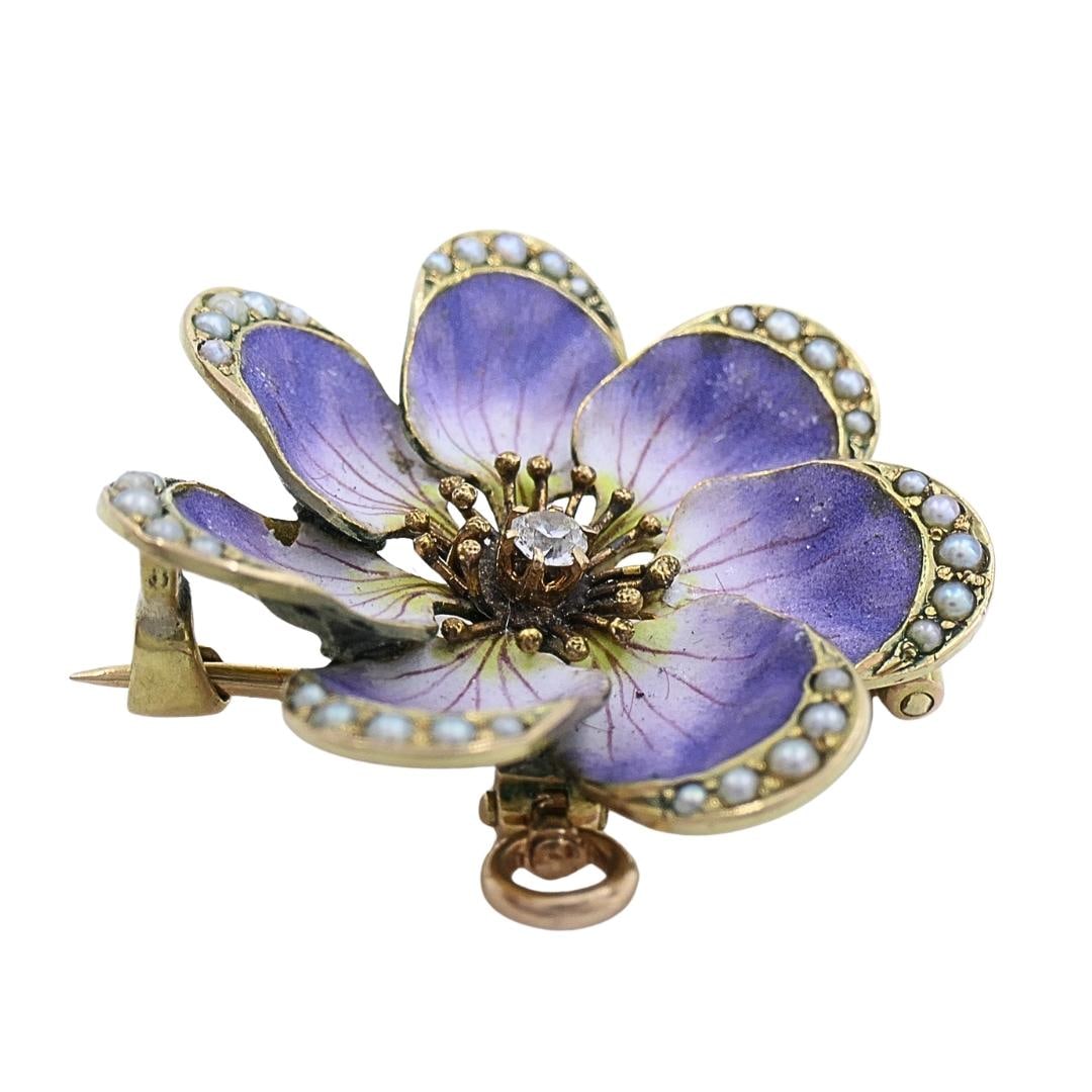 14k Gold Violet Flower Diamond Seed Pearl Pendant Brooch Necklace - 5