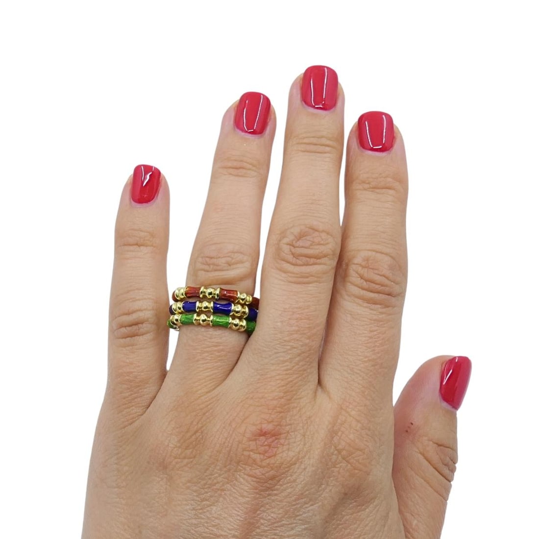 Tiffany & Co. Enamel Bamboo Stacking Rings 18k Yellow Gold Blue Green & Red - 2