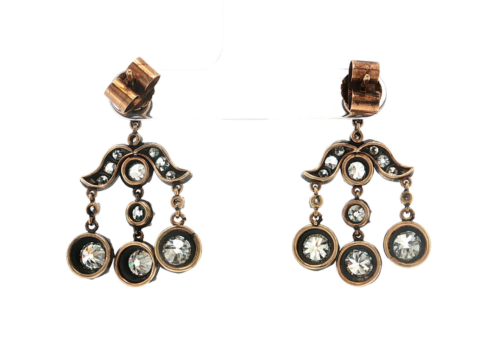 18K Gold and Silver Old Mine Cut Diamond Chandelier Dangle Earrings - 3
