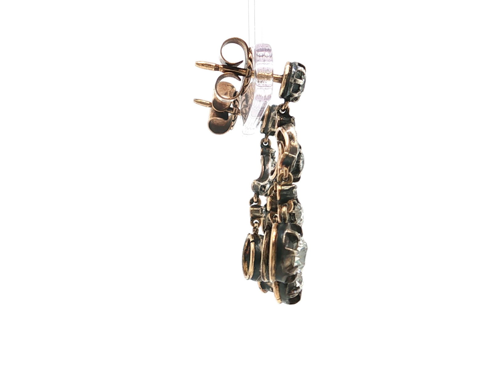 18K Gold and Silver Old Mine Cut Diamond Chandelier Dangle Earrings - 4