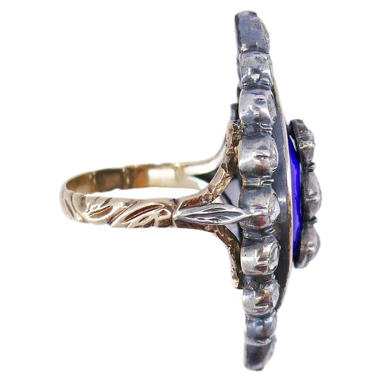 Victorian Ring Silver 18k Gold Enamel Diamond Antique Estate Jewelry - 3