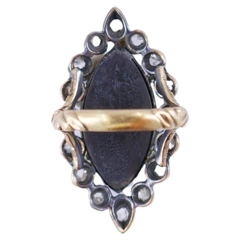 Victorian Ring Silver 18k Gold Enamel Diamond Antique Estate Jewelry - 4