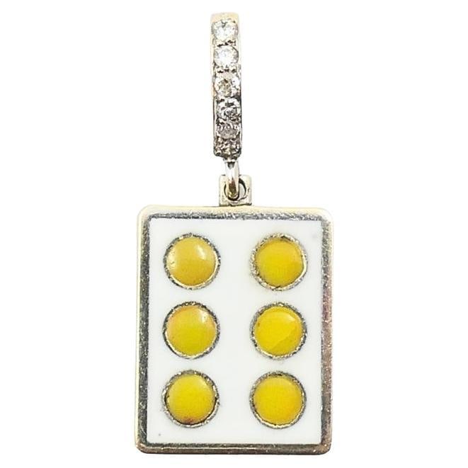Vintage 12k Gold Domino Six Charm Pavé Diamond Bail: This vintage charm is crafted in 12k gold and features a playful domino design, specifically showing the six-spot configuration in yellow enamel dots. The rectangular pendant measures approximately