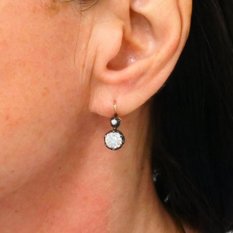 Victorian 14k Gold Silver Two-Stone Diamond Earrings Old Mine Cut, Antique - 3