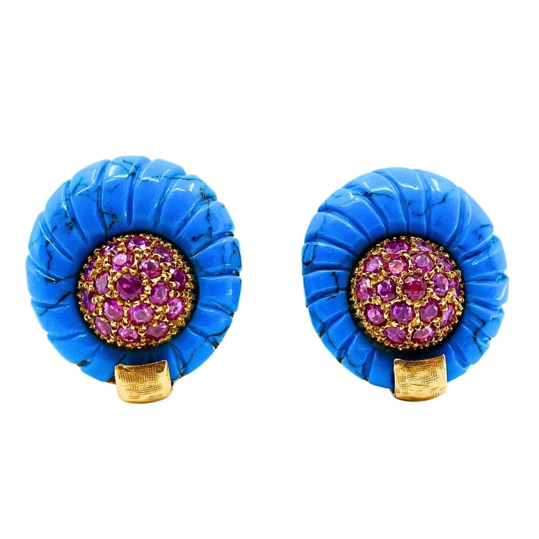 Vintage 18k Gold Carved Turquoise Pave Ruby Dome Stud Earrings - 3