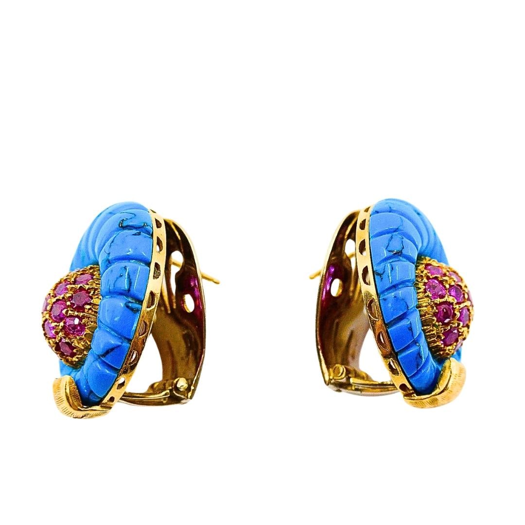Vintage 18k Gold Carved Turquoise Pave Ruby Dome Stud Earrings - 4