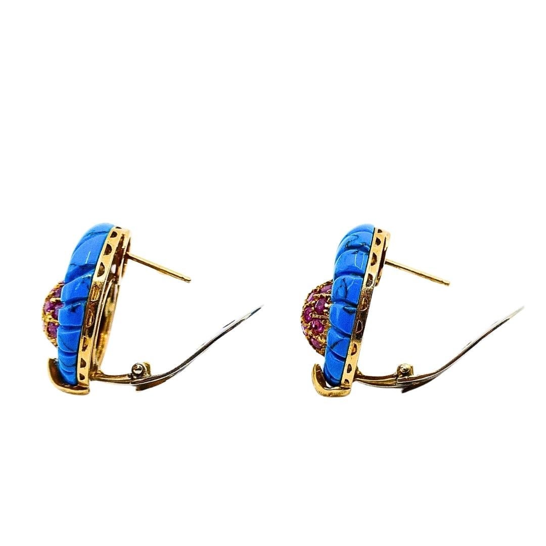 Vintage 18k Gold Carved Turquoise Pave Ruby Dome Stud Earrings - 5