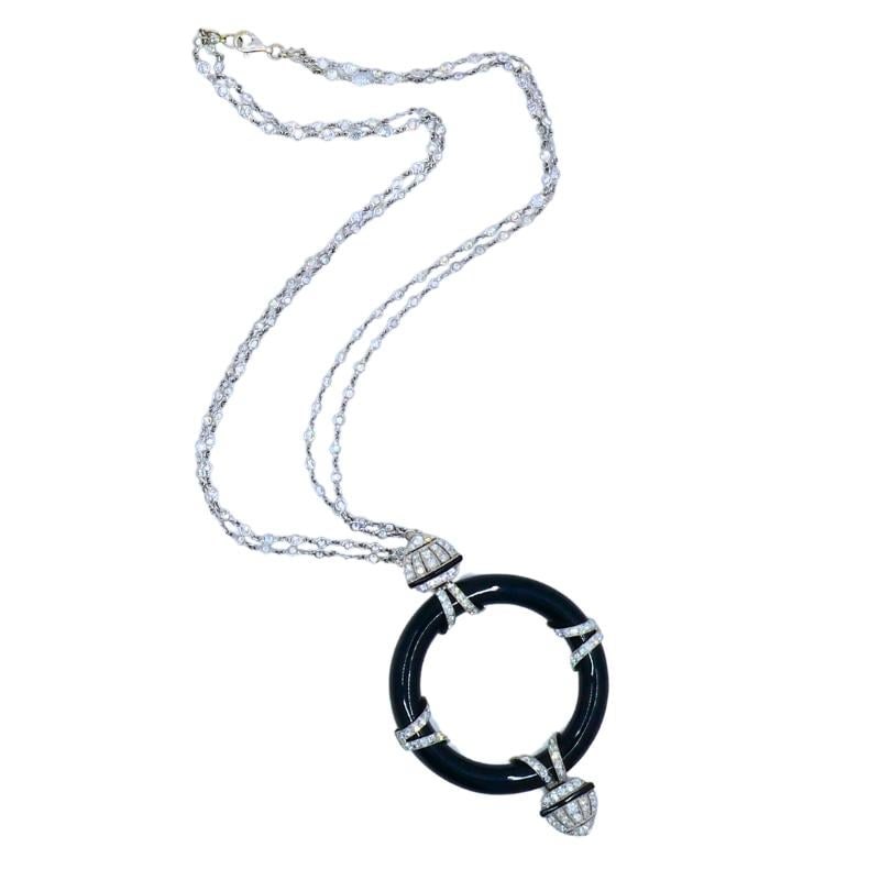 Art Deco Platinum Onyx Pendant on Modern Gold Diamond Chain Necklace - 2