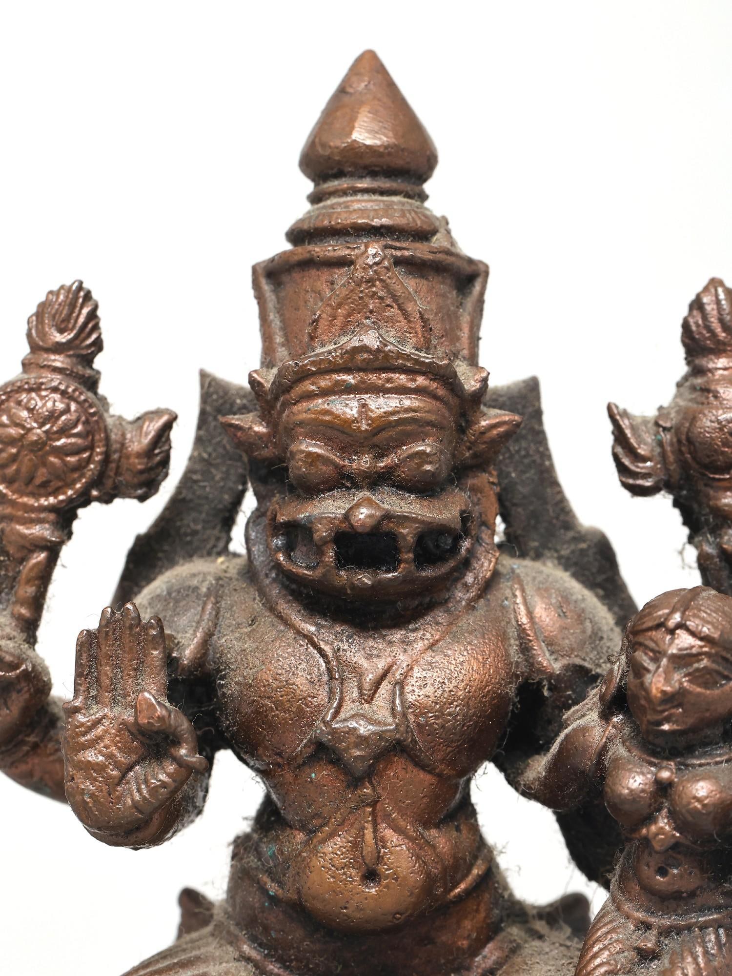 4" Small Lord Narasimha Seated with Devi Lakshmi | Copper Statue - 2