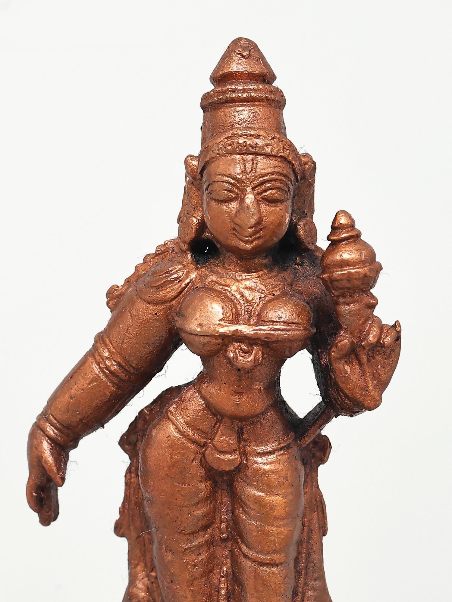3" Small Standing Goddess Parvati (Uma) | Copper Statue - 2
