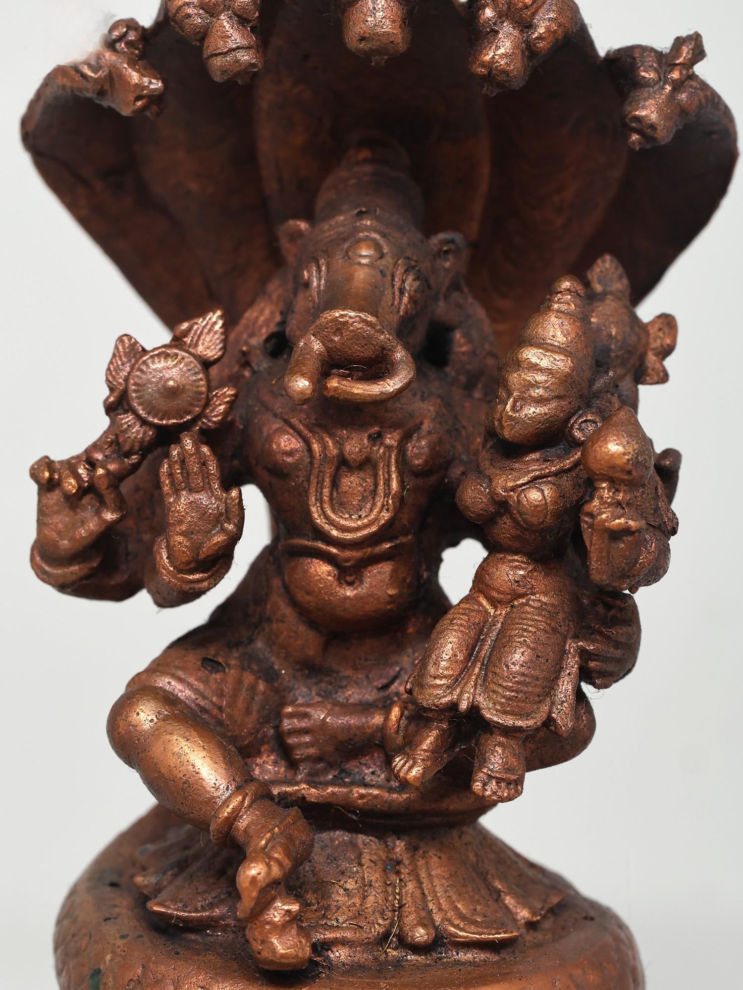 4" Small Varaha - Lakshmi Seated on Sheshnag | Copper Statue - 2