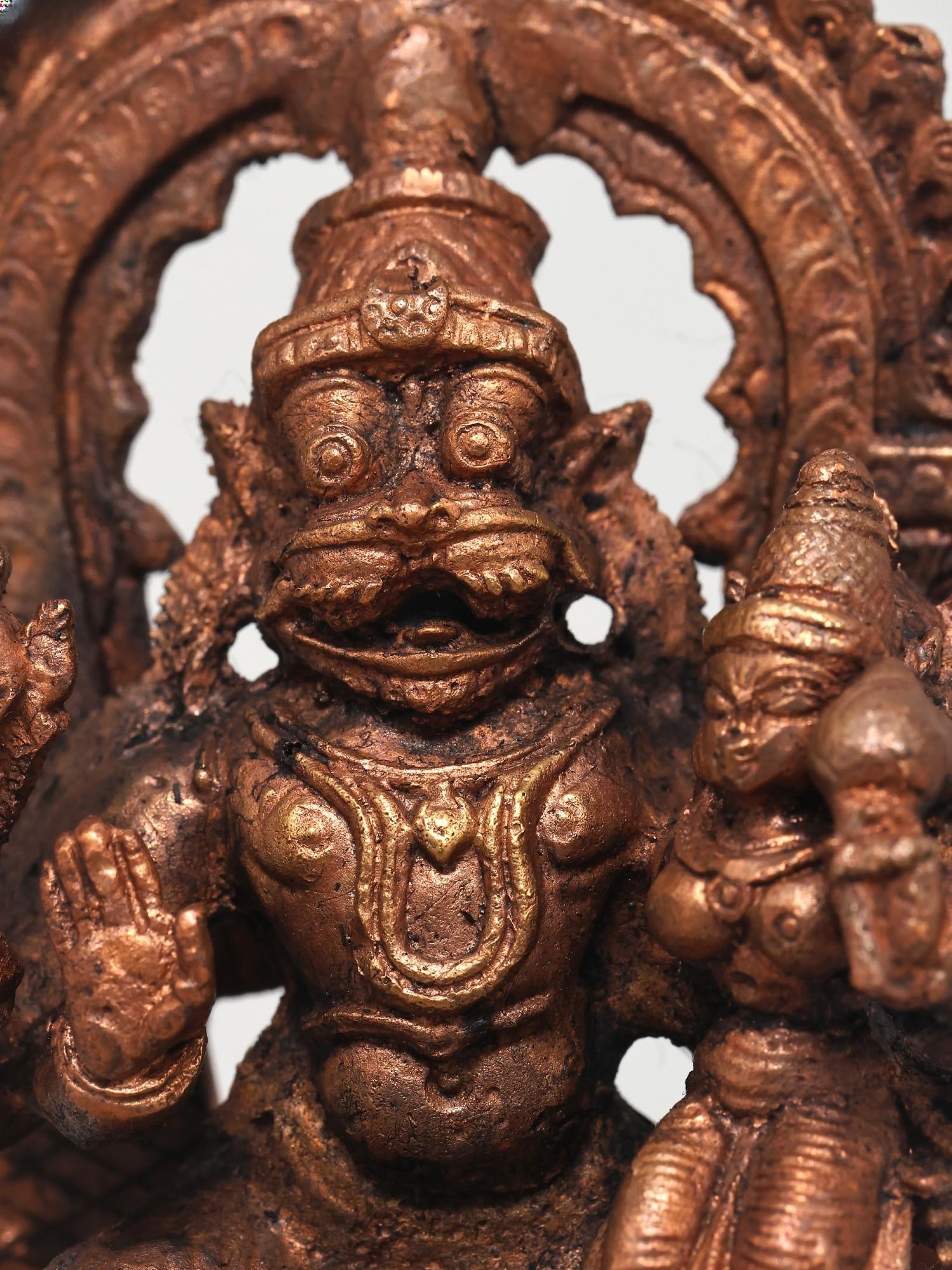 4" Small Lord Narasimha Seated on Kirtimukha Throne with Devi Lakshmi | Copper Statue - 2