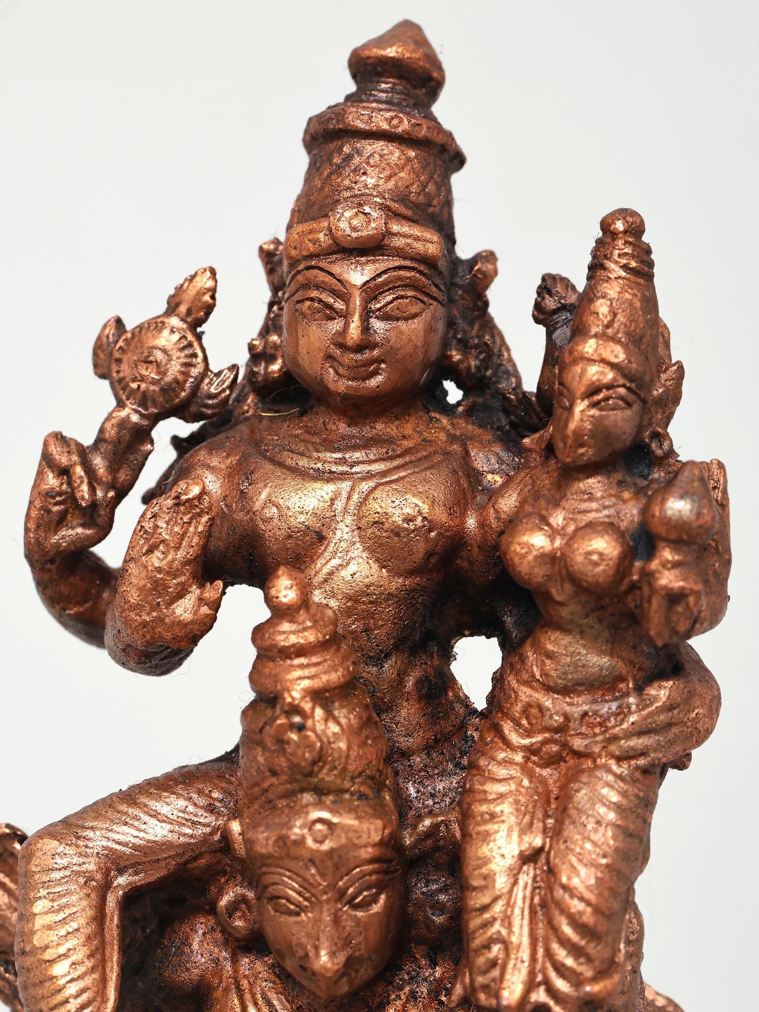 5" Small Lakshmi-Narayan (Vishnu-Lakshmi) on Garuda | Copper Statue - 2