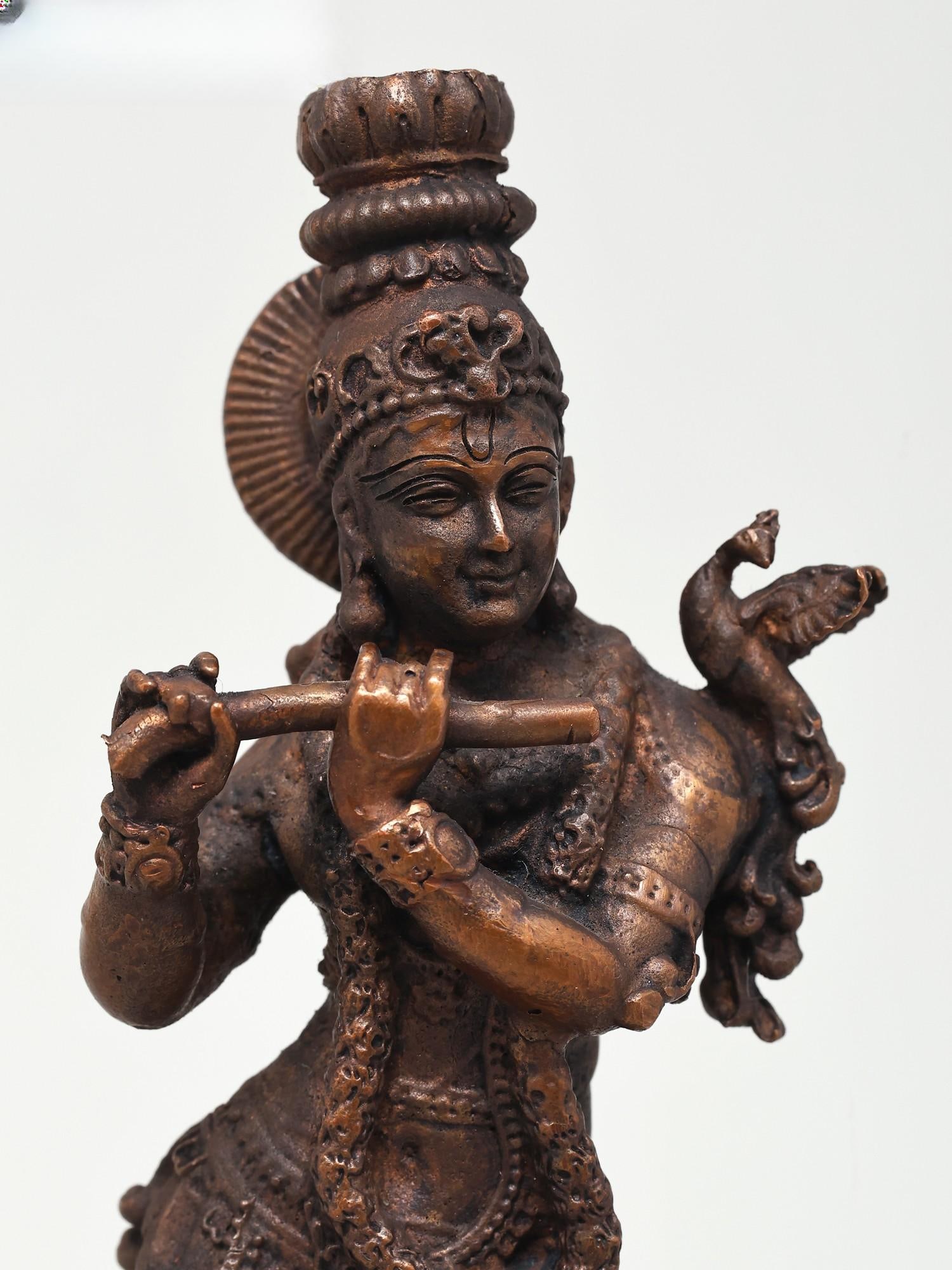 7" Standing Venugopal Krishna with Cow | Copper Statue - 2