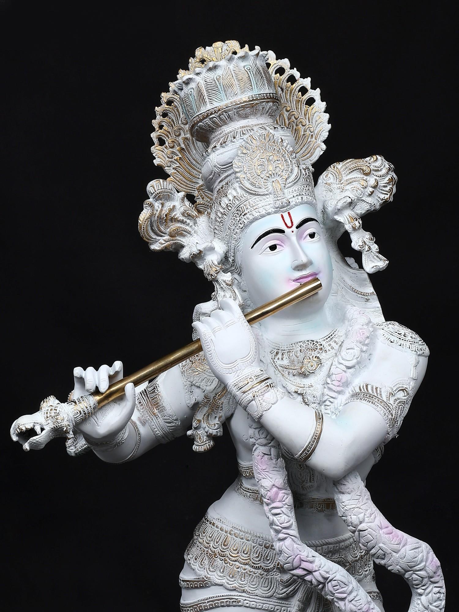 44" Superfine Graceful Lord Krishna Playing Flute | Large Size Hand-Painted Brass Statue - 2