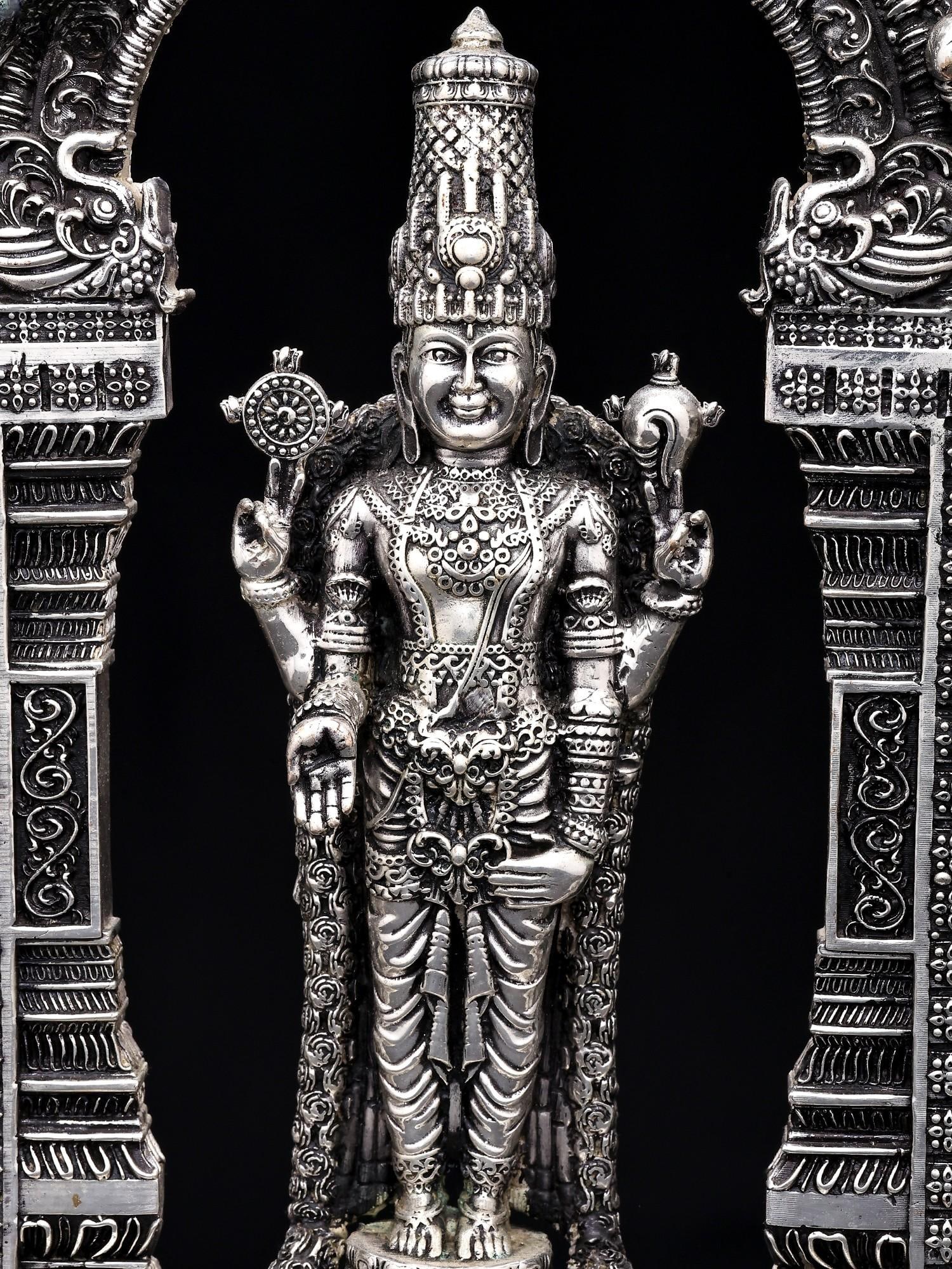 9" Superfine Lord Tirupati Balaji (Venkateshvara) on Kirtimukha Throne | Silver Plated Brass Statue - 2
