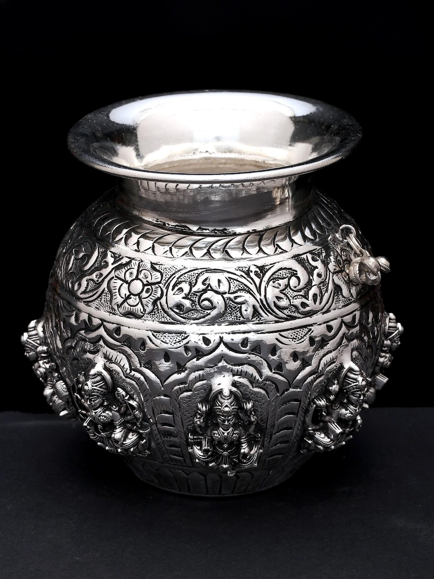 4" Superfine Ashtalakshmi Kalash in Brass with Silver Plating - 2