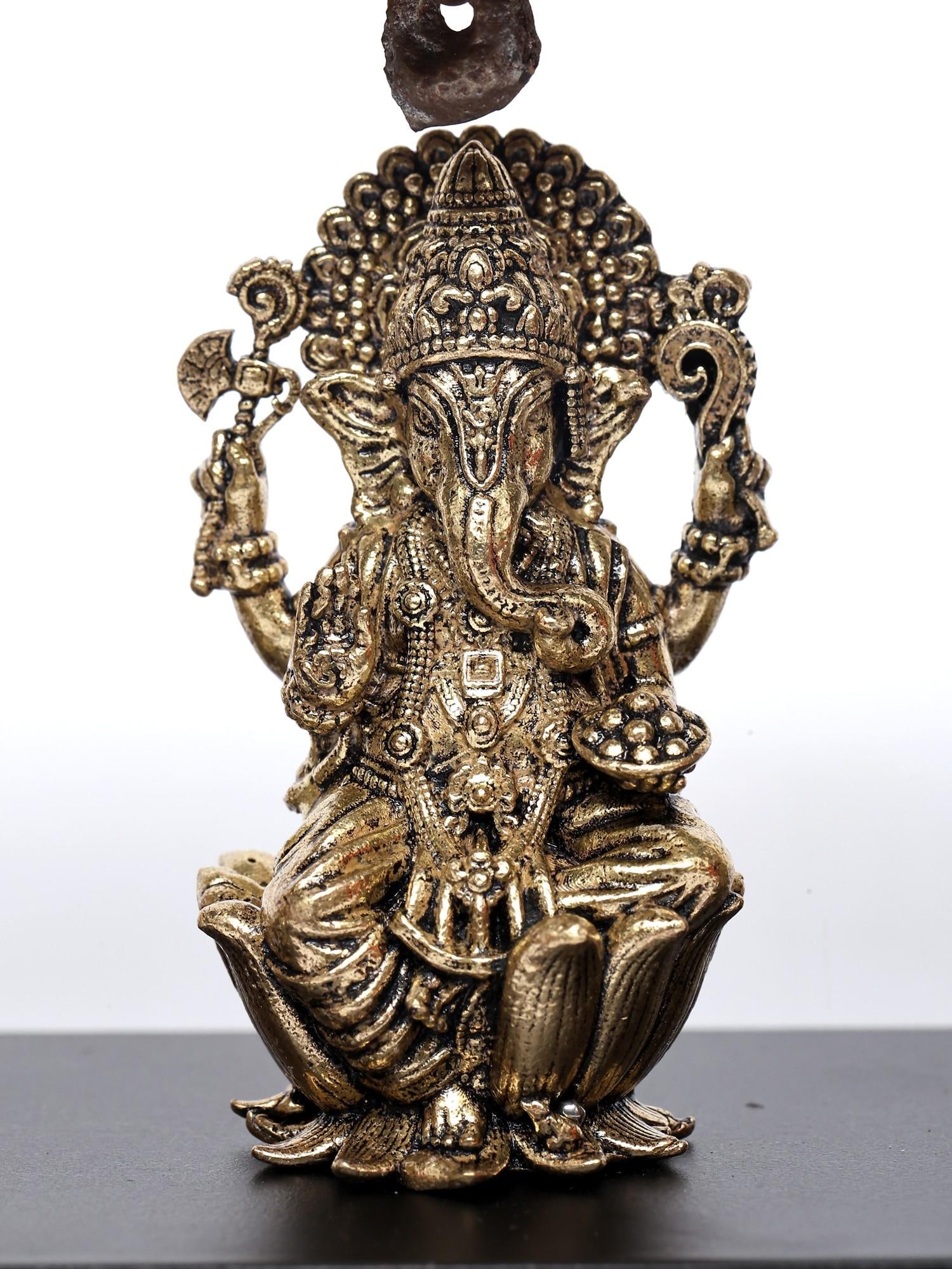 7" Wood Carved Lakshmi Ganesha Saraswati in Brass with Bells | Wall Hanging - 2