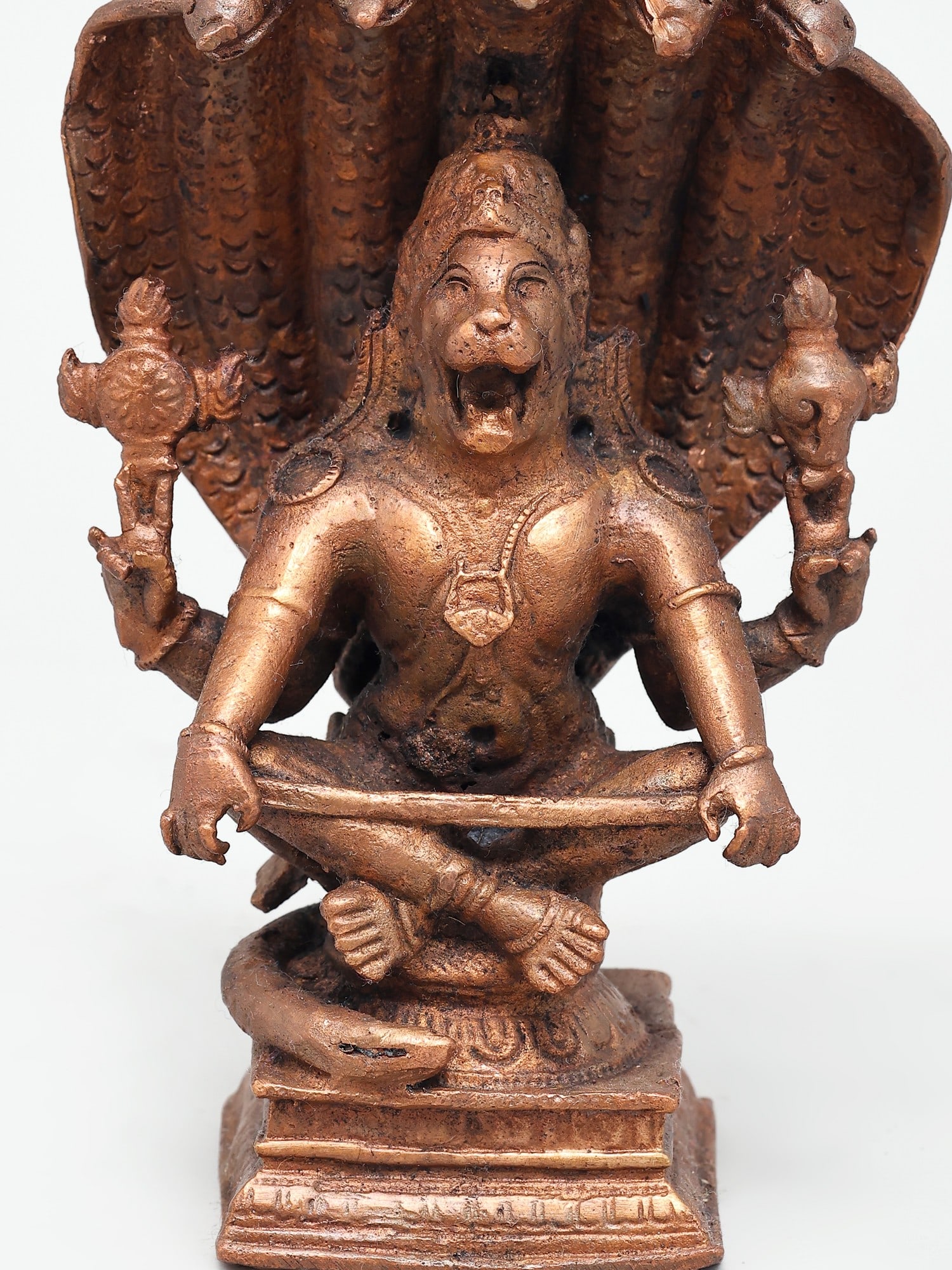 5" Small Lord Narasimha in Yoga Mudra Protected by Sheshnag | Copper Statue - 2