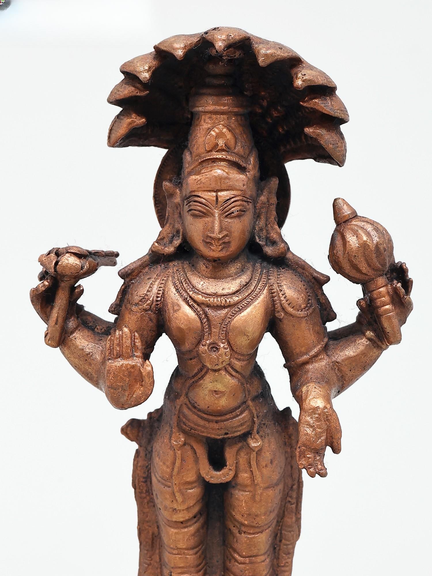 6" Small Four Armed Standing Lord Vishnu | Copper Statue - 2