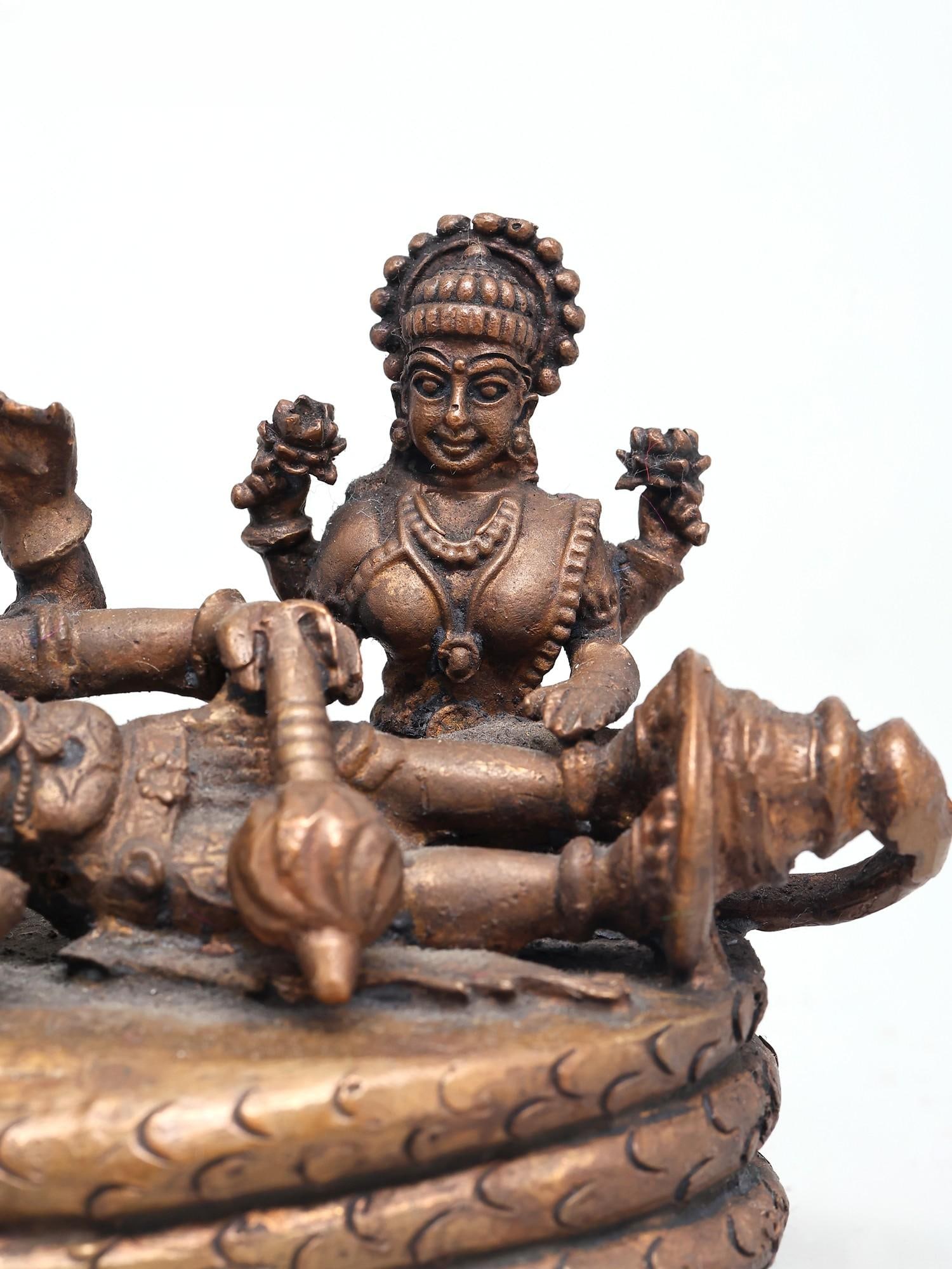 5" Small Shesha-Shayi Lord Vishnu with Devi Lakshmi | Copper Statue - 2