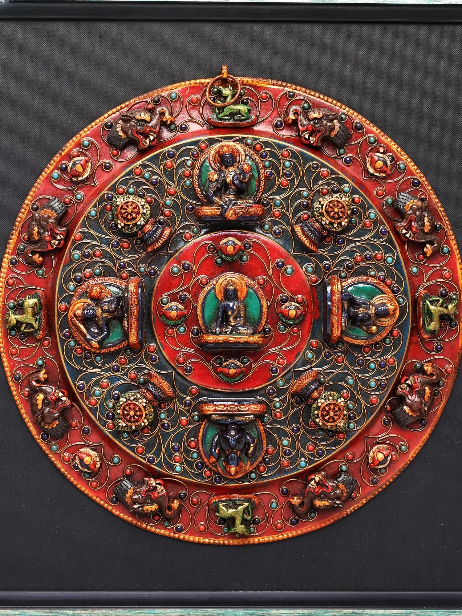 24" Handcrafted Tibetan Buddhist Copper Mandala in Turquoise Wood Frame | Wall Hanging - 2