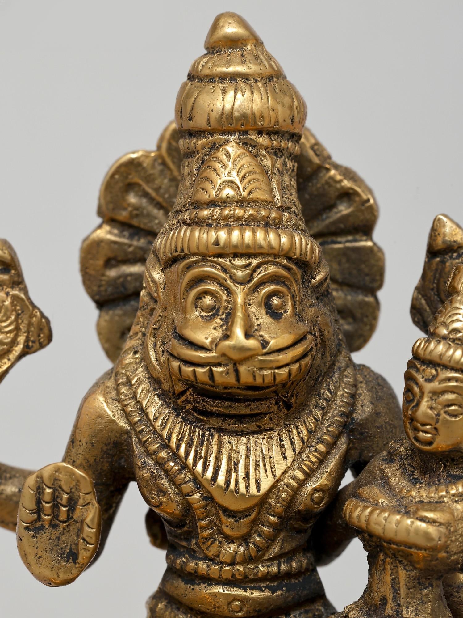 4" Small Lord Narasimha with Devi Lakshmi | Brass Statue - 2
