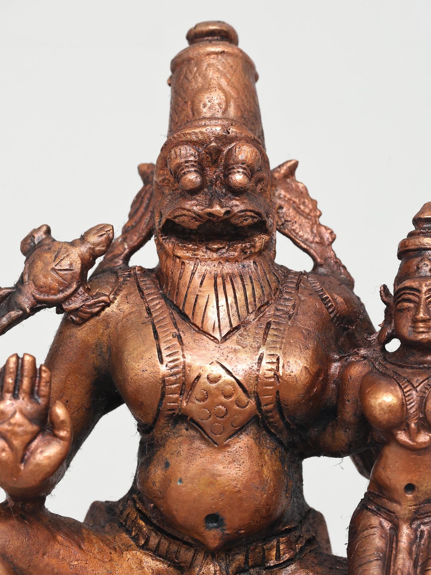 5" Small Blessing Lord Narasimha Seated with Devi Lakshmi | Copper Statue - 2