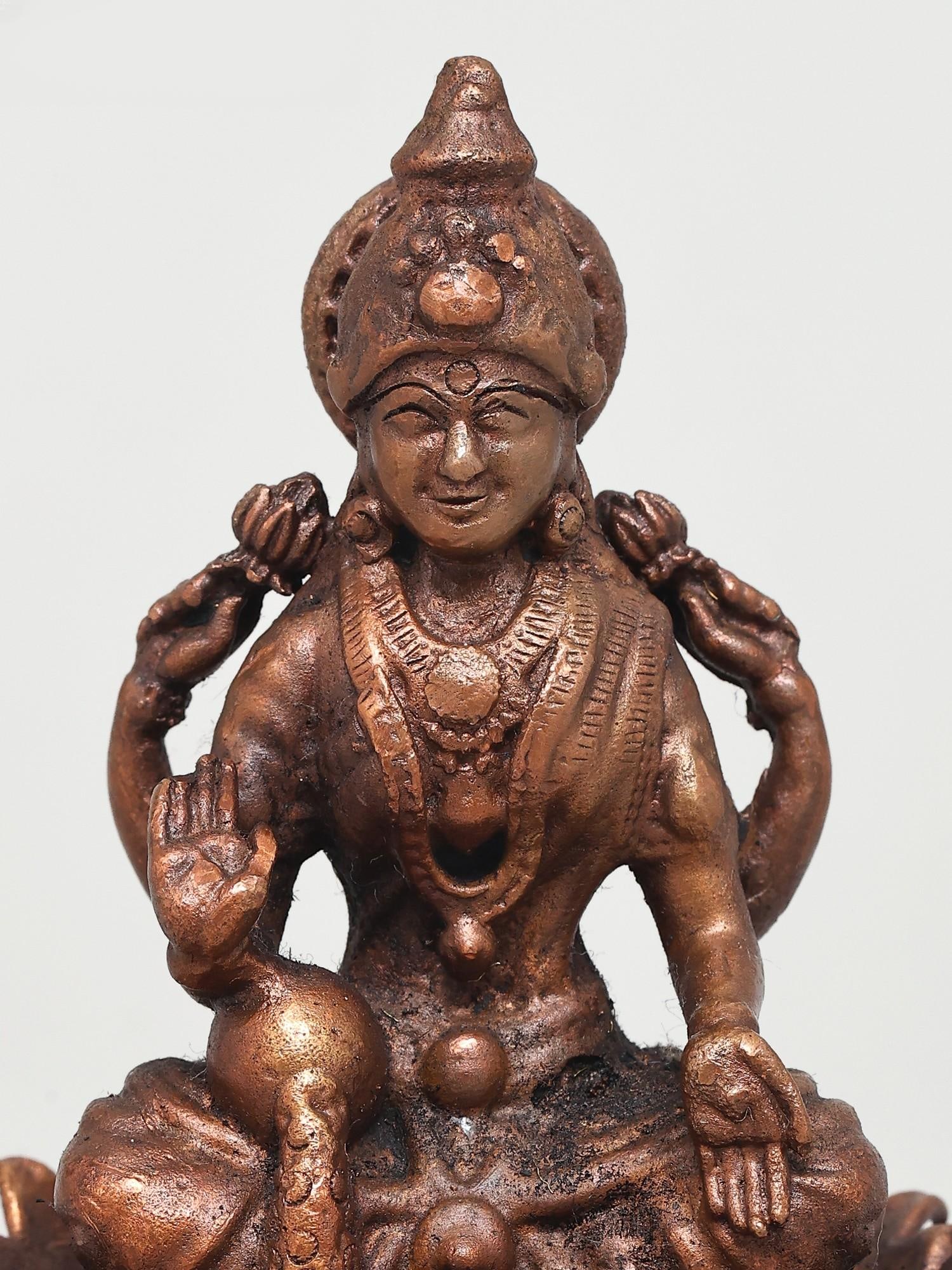 4" Small Blessing Goddess Lakshmi Seated on Lotus | Copper Statue - 2