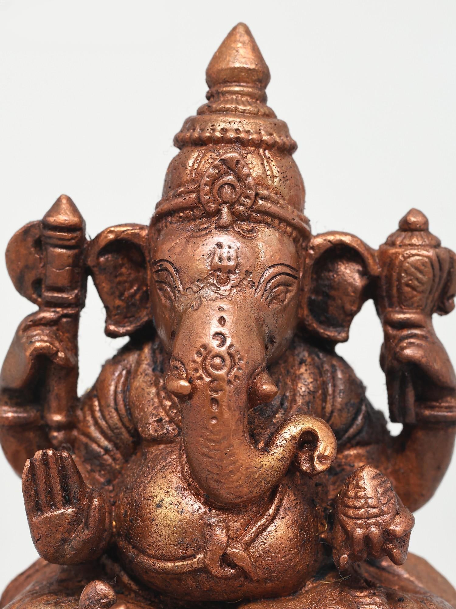 4" Small Four Armed Blessing Lord Ganesha | Copper Statue - 2
