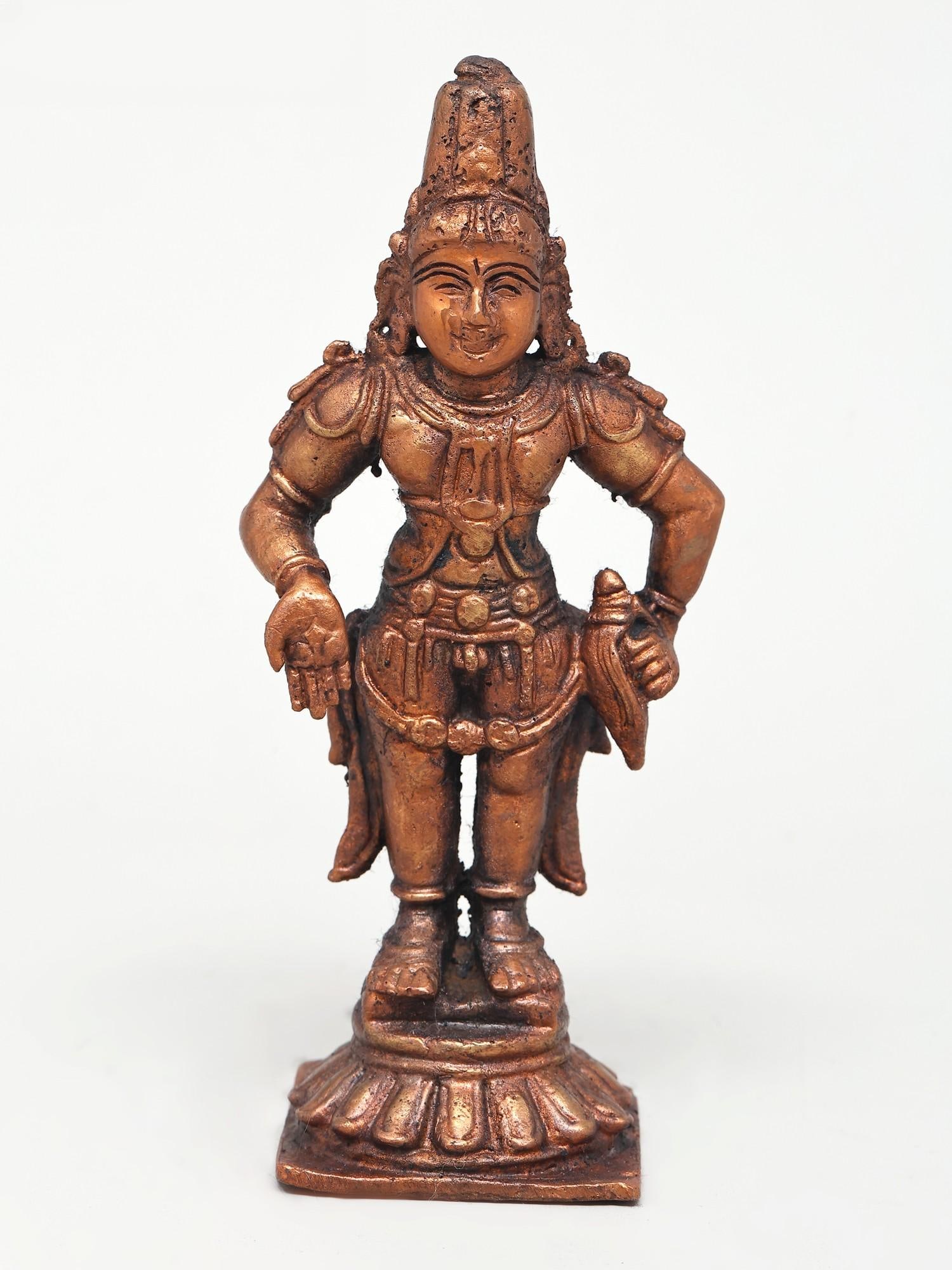 6" Small Standing Lord Vitthal | Copper Idol: The Divine Dancer of Pandharpur Invite the divine grace and joyous spirit of Lord Vitthal into your home with this exquisite copper idol. Standing at a modest six inches, this captivating representati