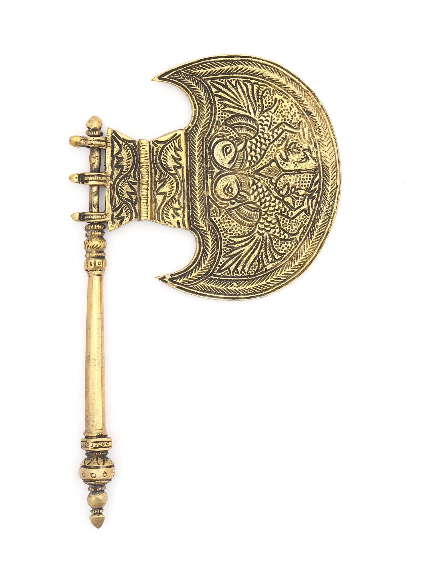 8" Brass God's Pankhi (Hand Fan): A Divine Breeze of Auspiciousness This exquisite brass hand fan, or "Pankhi," is more than just a cooling implement; it is a symbol steeped in rich cultural and mythological heritage. Crafted with