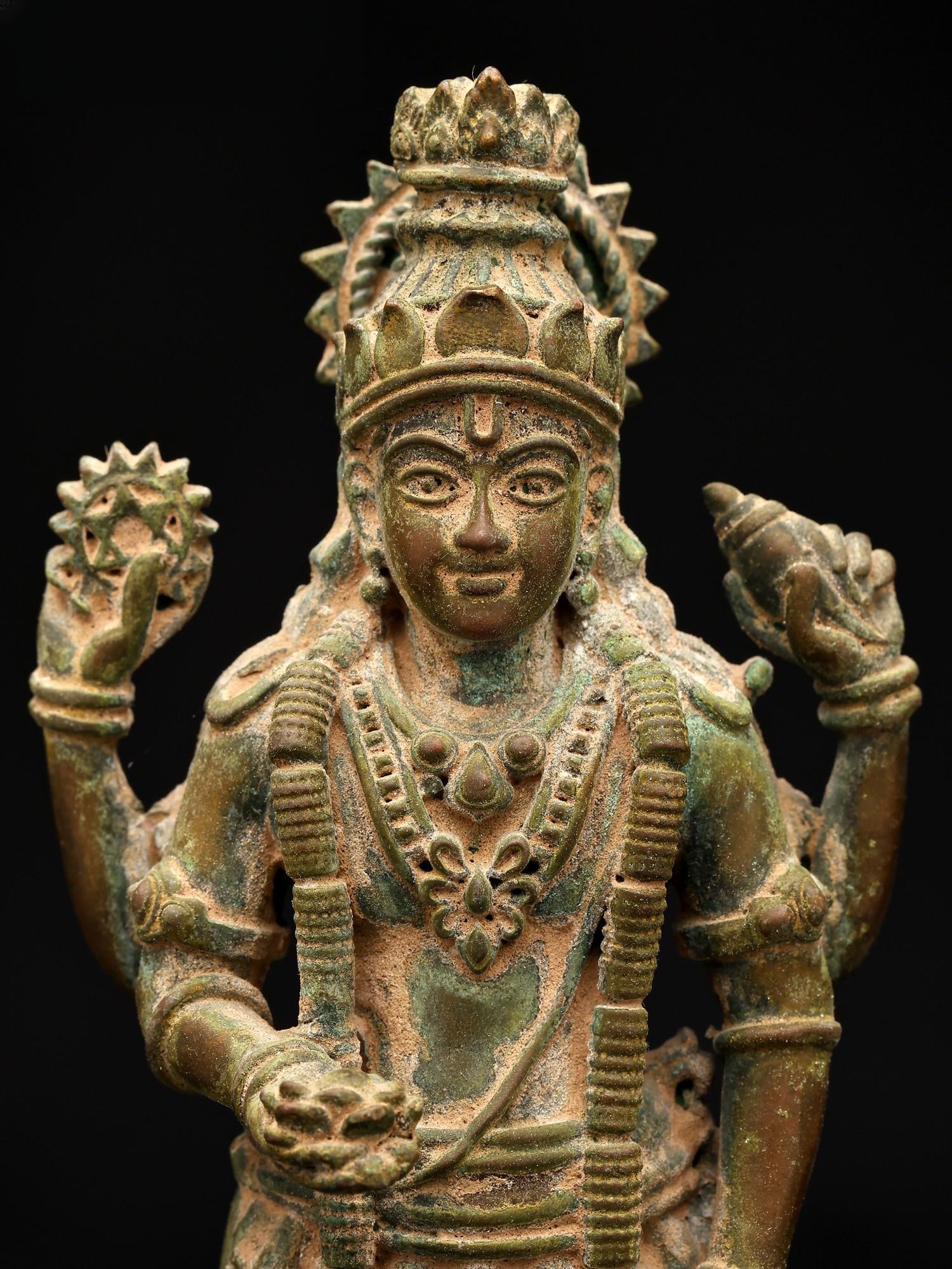 6" Small Four Armed Standing Lord Vishnu | Copper Statue - 2