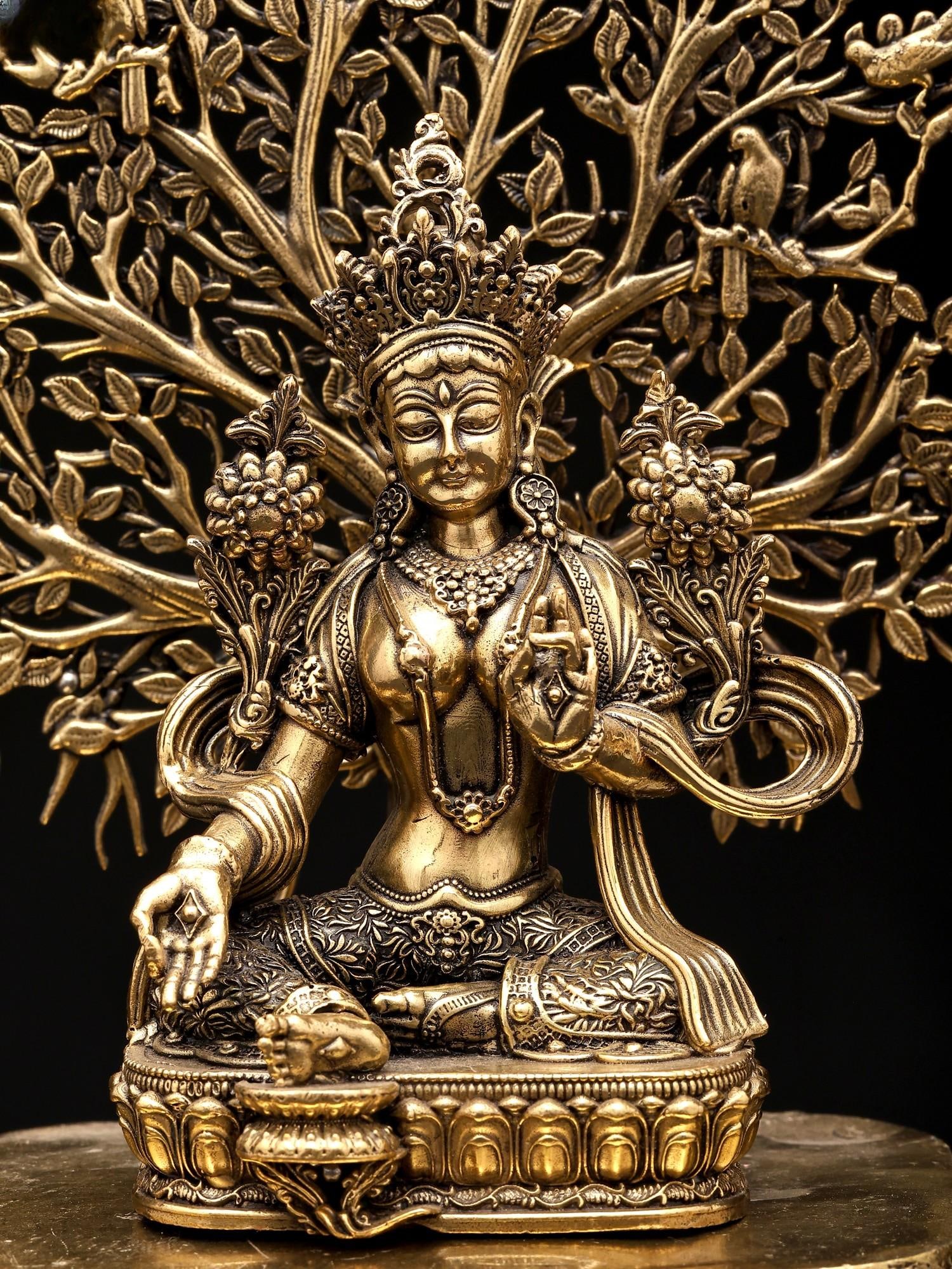 7" Superfine Tibetan Buddhist Goddess Green Tara with Tree as Backdrop | Brass Statue - 2