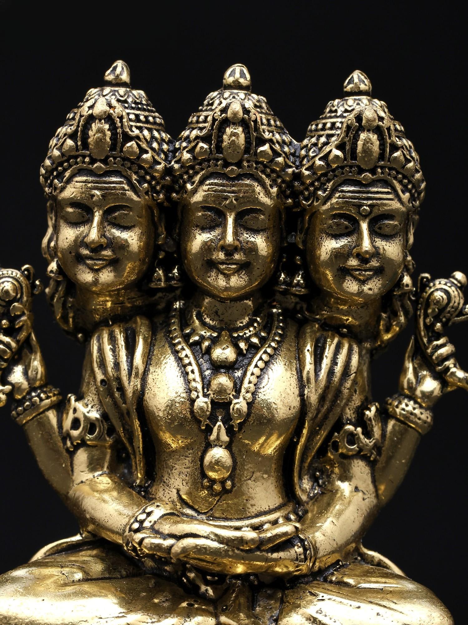 3" Small Sacred Dattatreya: Embodiment of Brahma, Vishnu, and Shiva | Superfine Brass Statue - 2