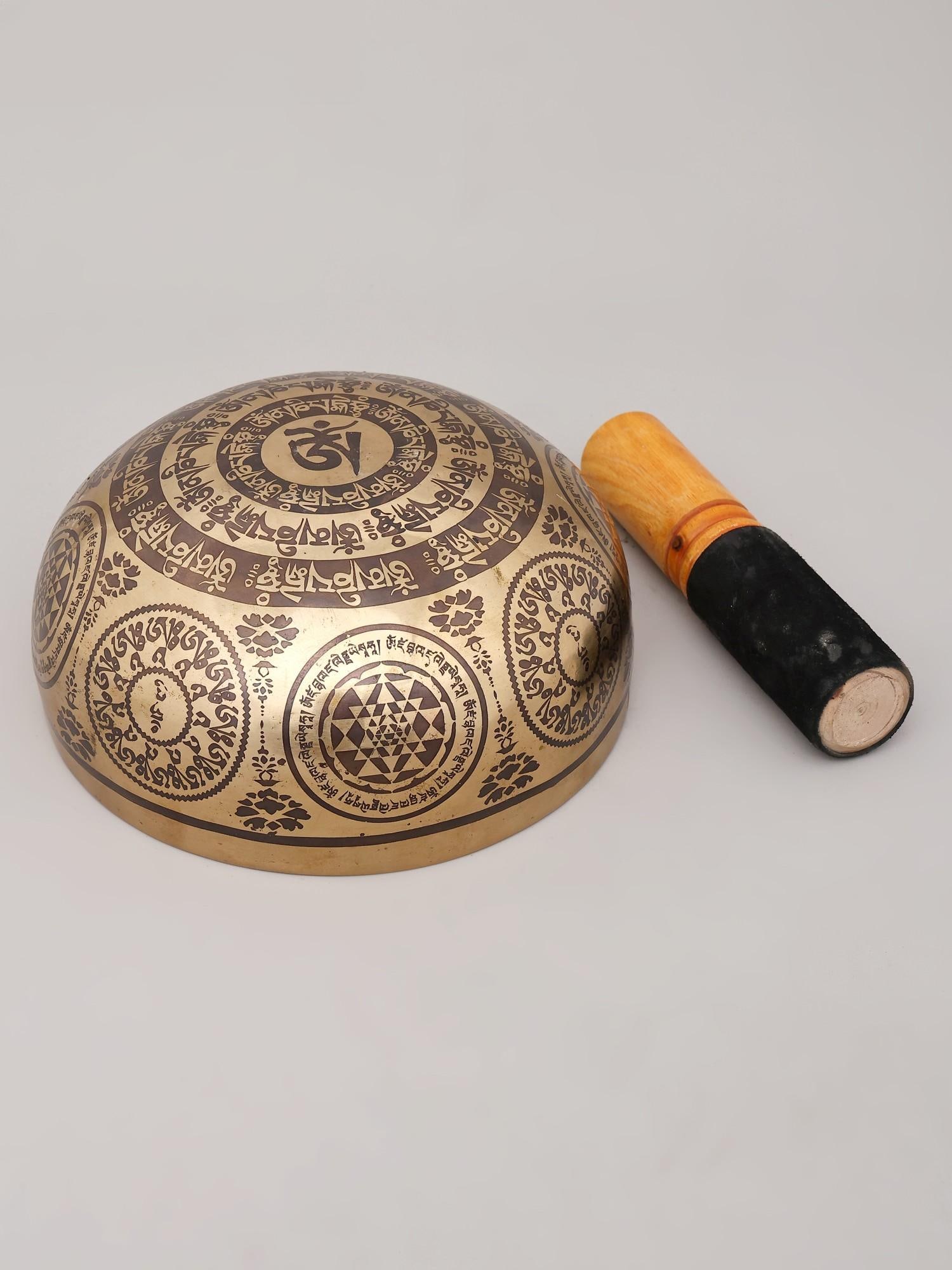 8" Buddhist Bronze Singing Bowl with Auspicious Symbols | Handmade | Made in India - 2