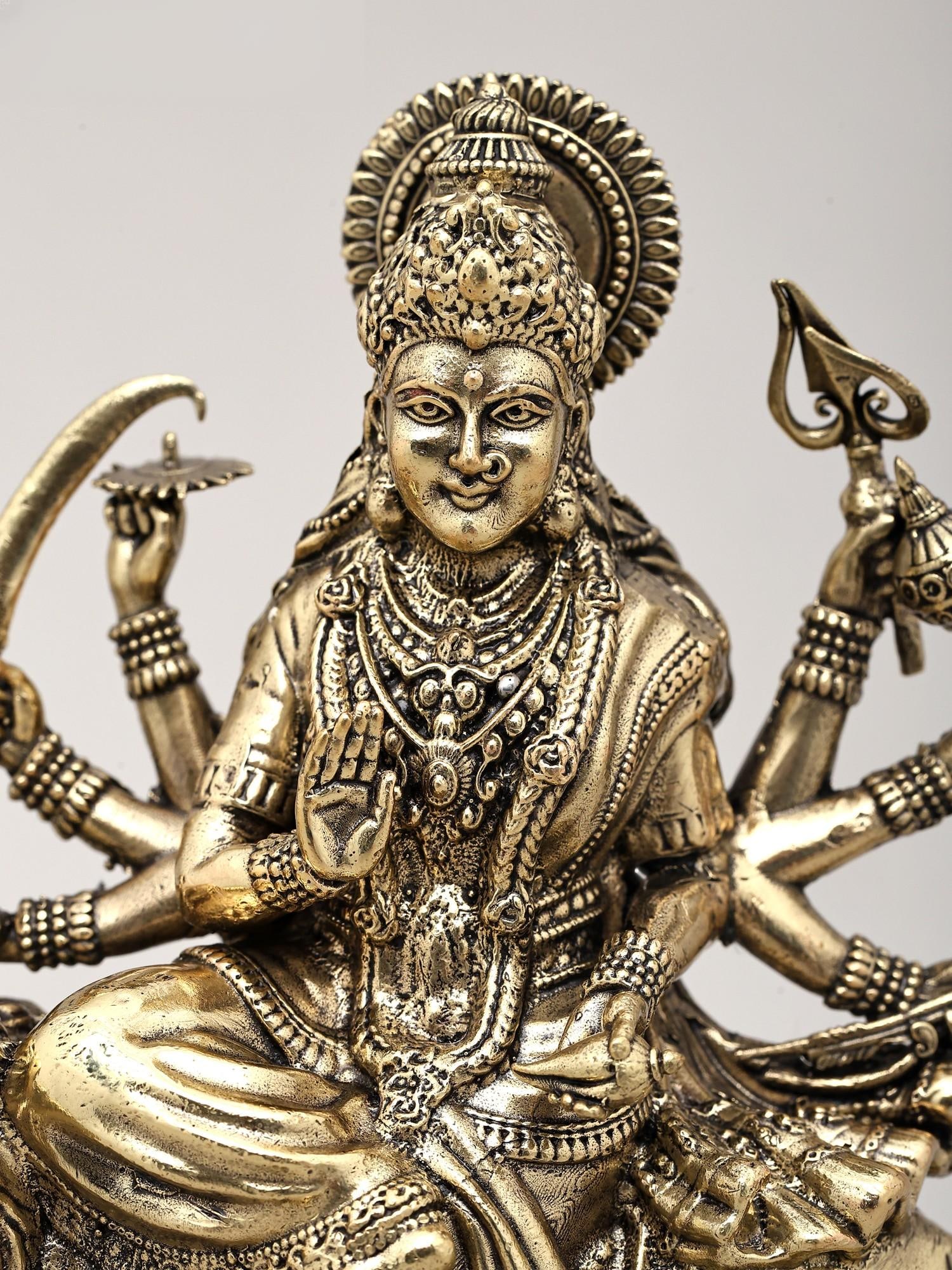 Superfine Ashtabhuja Goddess Durga Seated on Lion with Wood Base | Brass Sculpture | Made in India - 2