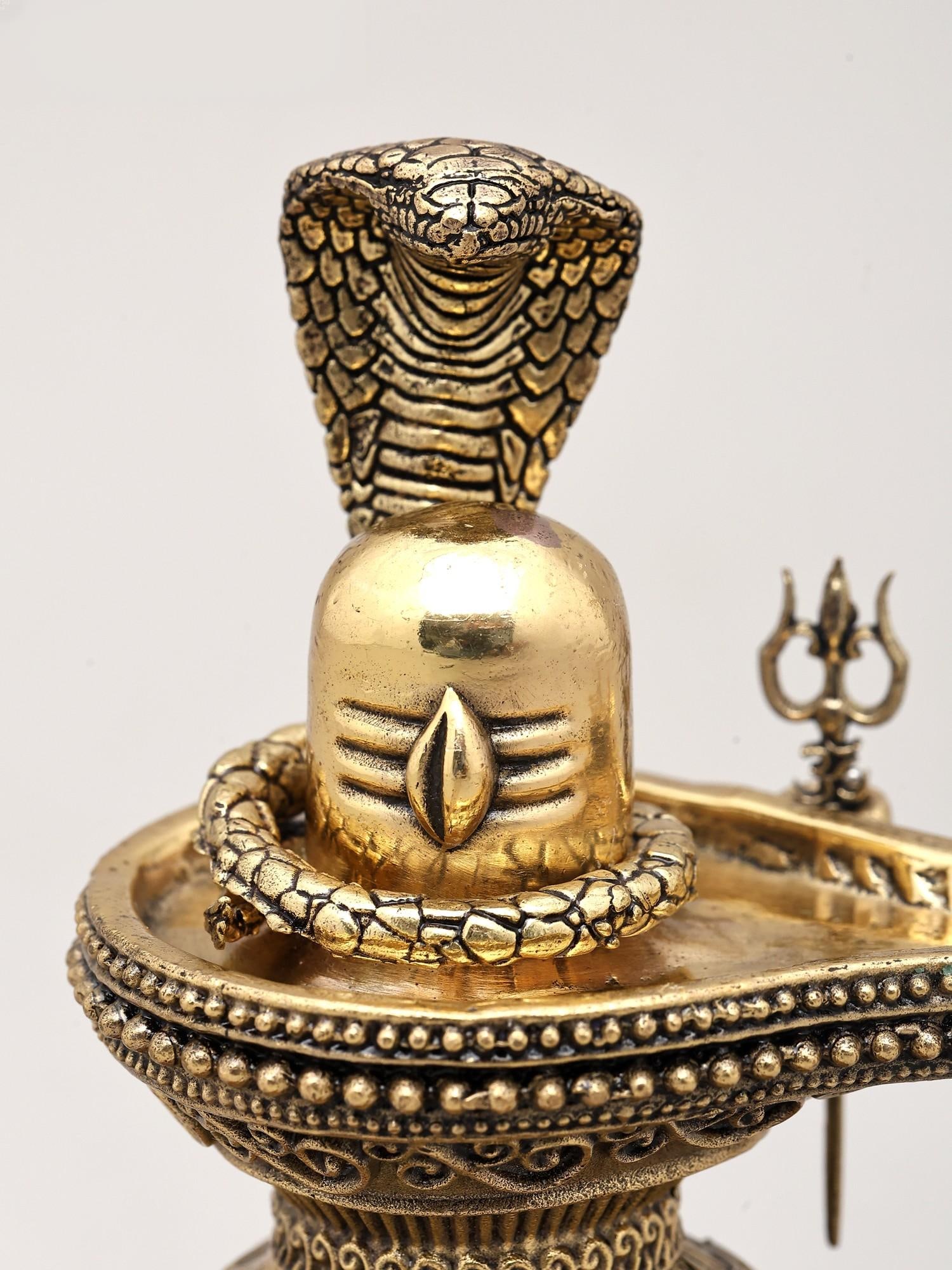5" Small Superfine Brass Statue of Shiva Lingam with Nandi, Trident and Vasuki Naag with Wood Base | - 2